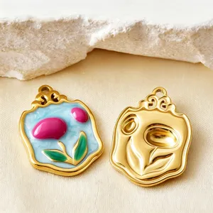 Close-up macro detail of tulip flower pendants with colorful enamel and gold finish