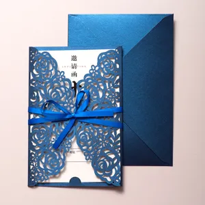 Elegante Europäische Laser Ausgeschnittene Einladungskarten Mit Bandschleife Perlmuttpapier Hohle Rosenblüten Einladungen Für Hochzeit Bankett Feier