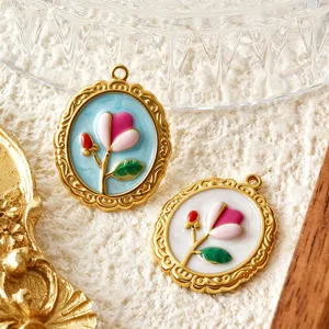 Vintage style stainless steel tulip flower enamel pendants for DIY jewelry necklace making