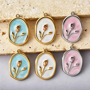 Colorful stainless steel tulip flower pendants with enamel drip oil for DIY jewelry