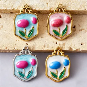 Vintage colorful enamel tulip flower pendants with drip oil finish for DIY jewelry making
