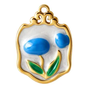 Vintage gold-plated tulip flower pendant with blue enamel for DIY jewelry making