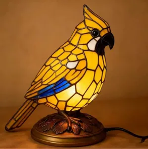Veilleuse LED oiseau jaune style Tiffany avec base de sculpture en résine décorative