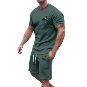 Men's summer casual sportswear short sleeve t-shirt and shorts set with tropical print.