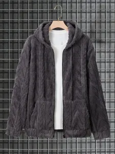 Detailed view of men casual fleece zip hoodie texture and zipper collar design for winter.
