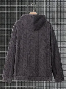 Detailed view of the dark grey fleece hoodie back, featuring cozy cable-knit texture and hood.