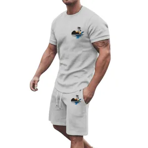 Detailed showcase of men casual summer short sleeve t-shirt and shorts set with tropical print.
