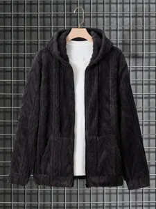 Men's casual fleece zip-up hooded sweatshirt jacket, winter warm knitted outerwear.