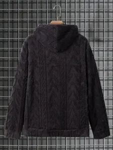 Men winter fuzzy hooded sweatshirt, dark grey thermal cable knit pullover hoodie casual top.
