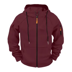 Burgundy full zip hoodie detail, featuring black drawstrings and striking orange zipper pulls.