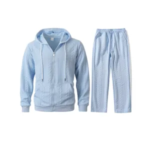 Men's fashionable light blue cable knit zip-up hoodie and sweatpants tracksuit set.