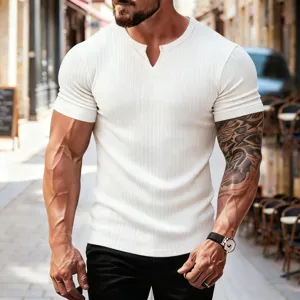 Maglietta da Uomo Casual a Coste Scollo a V Manica Corta Slim Fit Misto Cotone Poliestere Leggera Top Estivo per Uomo Outdoor Quotidiano
