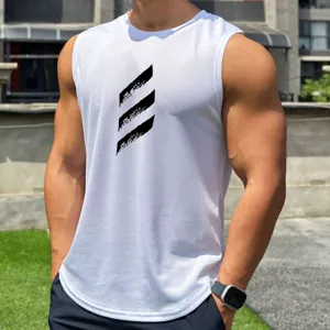 Mens white mesh sleeveless workout tank top, breathable athletic sports fitness vest for men.