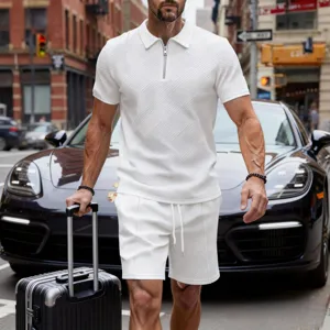Men's summer casual solid color zip polo shirt and shorts set with textured geometric design.