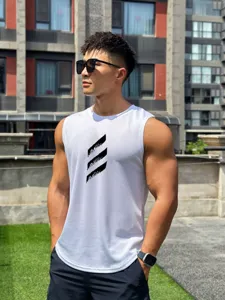Detail view of men's breathable mesh sleeveless sports vest in white color for fitness.