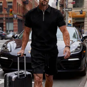 Men's casual black zip polo shirt short sleeve set with geometric pattern for summer daily wear.