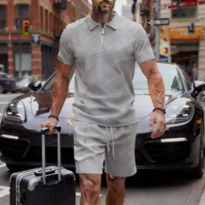 Men casual textured short sleeve zip polo shirt and matching shorts set for summer streetwear.