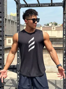 Detailed view of men's sleeveless fitness running sports tank top in black with breathable mesh.