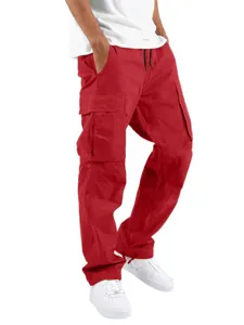 Mens red cargo pants casual trousers with multi pockets and adjustable drawstring waist.