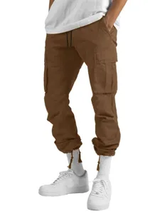 Men's casual brown cargo pants featuring multiple utility pockets and adjustable hem.