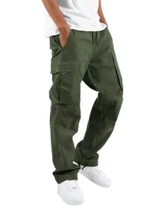 Men's military green cargo pants casual multi-pocket drawstring trousers main view