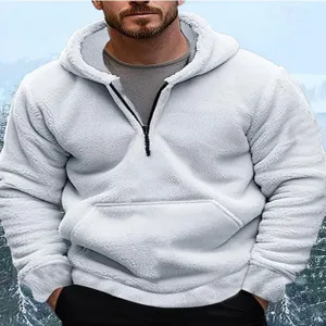 Herren Fleece Kapuzenpullover Halbzipper Winter warmer Plüsch Pullover Hoodie weiß