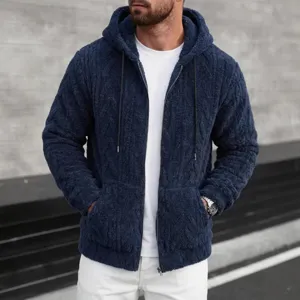 Men's navy blue fuzzy sherpa fleece zip up hoodie casual winter warm outerwear top