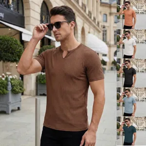 Camiseta de Punto con Cuello en V para Hombre Poliéster Tejido Acanalado Manga Corta Slim Fit Casual Color Sólido Verano Top