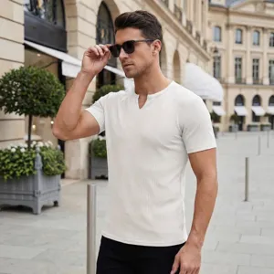 Camiseta de verano para hombre cuello en V liso manga corta de punto top casual de moda