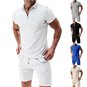 Detailed view of men waffle knit polo shirt and shorts set with color options available.