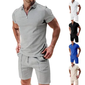 Men summer waffle knit short sleeve polo shirt and shorts casual matching two piece set