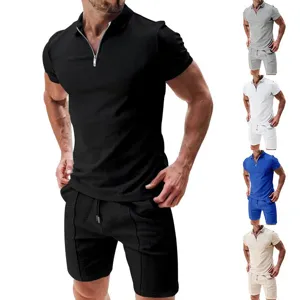 Men waffle short sleeve polo shirt shorts set casual summer solid color tracksuit