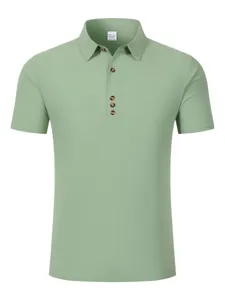 Detail view of men's casual short sleeve linen polo shirt in light green with button placket.