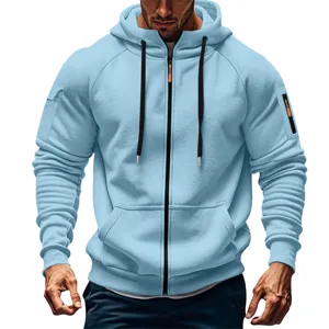 Men's spring casual zip-up hooded sweatshirt with pockets and stylish sleeve details.