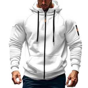 Men's white zip-up hoodie with black drawstrings, casual athletic outerwear jacket.
