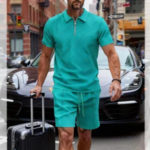 Men's turquoise short sleeve zip polo shirt and shorts set for summer casual outfit