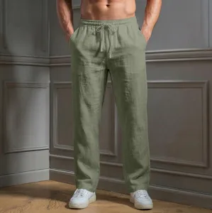 Men's casual linen pants summer loose straight leg beach trousers with elastic drawstring waist.