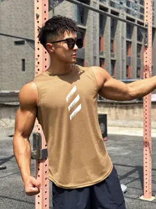 Detail view of breathable mesh sleeveless fitness tank top for men outdoor workout.