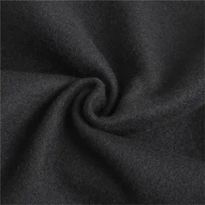 Close-up of black fleece fabric texture, soft and warm winter apparel material detail.