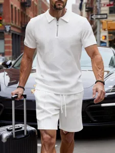 Men casual solid color polo zipper short sleeve set summer fashion streetwear two piece outfit