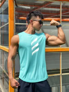 Detail shot of a cyan breathable mesh sleeveless athletic tank top for men during workout.