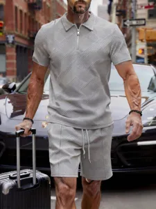 Men's casual solid color zip polo shirt and shorts set summer street fashion outfit.