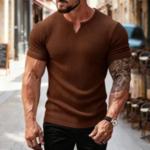 Uomo estate casual vestibilità slim tinta unita a coste scollo a V t-shirt maniche corte.