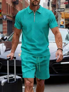 Men's Summer Casual Textured Zip Polo Shirt and Shorts Two-Piece Outfit Activewear