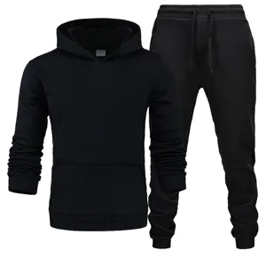 Men black fleece hoodie and sweatpants tracksuit set comfortable casual activewear winter wear