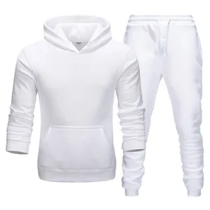 Men's White Hooded Sweatshirt And Sweatpants Casual Sportswear Set Solid Color Tracksuit
