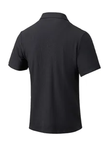 Detailed back view of casual black short sleeve textured mens polo shirt fabric.