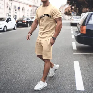 Men summer casual sportswear set short sleeve t-shirt and shorts outfit beige fashion apparel