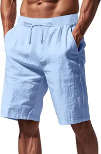 Herren hellblau Baumwolle Leinen Freizeit Shorts elastischer Bund atmungsaktiv neu