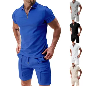 Men's waffle knit short sleeve polo shirt and shorts casual summer set solid color outfit